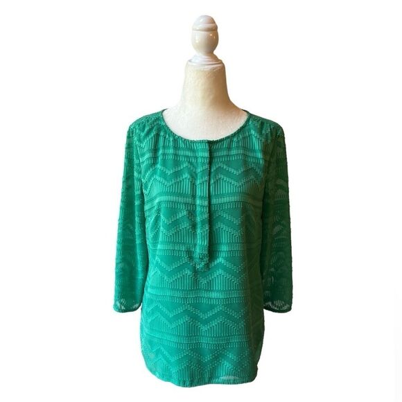Talbots Green Chevron 3/4 Sleeve Blouse - Picture 1 of 16